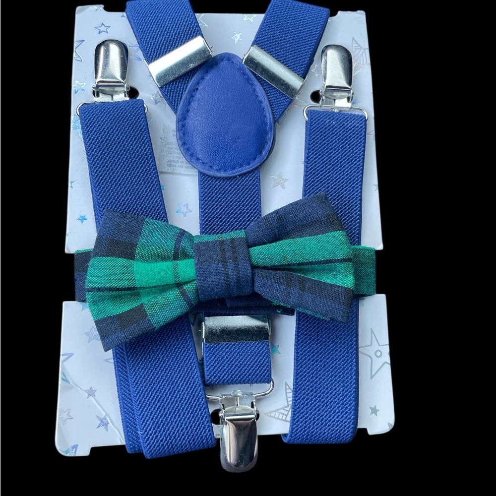 Blue and Green Elastic Suspenders with Metallic Clips